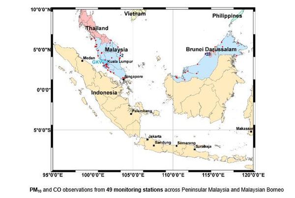 Map showing PM10 an CO observations from 49 monitoring stations across Peninsular Malaysia and Malaysian Borneo