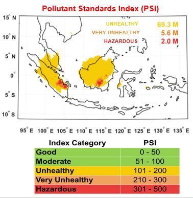 Pollutant standards index graphic over Indonesia